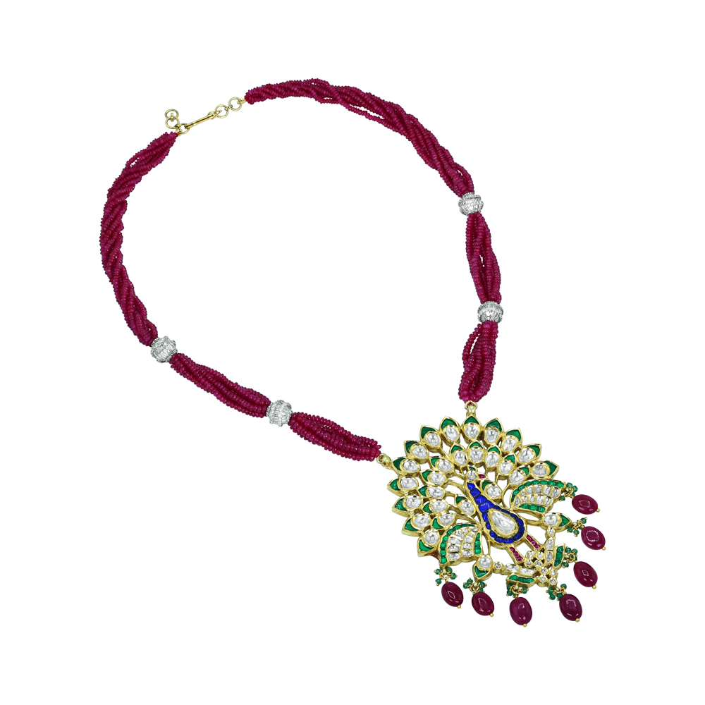 Peacock Pendant Necklace with Polki, Green Enamel, and Ruby Drops